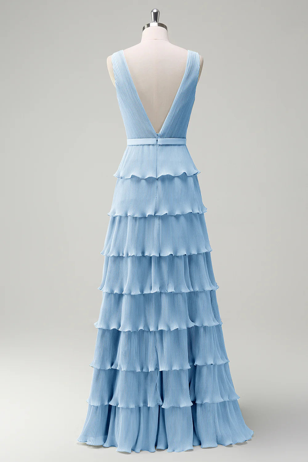 A-line V-neck pleated layered backless floor length skirt with slit