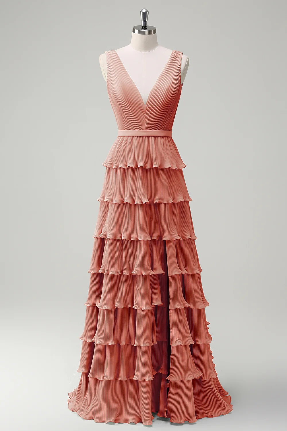 A-line V-neck pleated layered backless floor length skirt with slit
