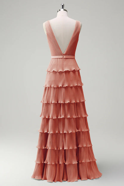 A-line V-neck pleated layered backless floor length skirt with slit