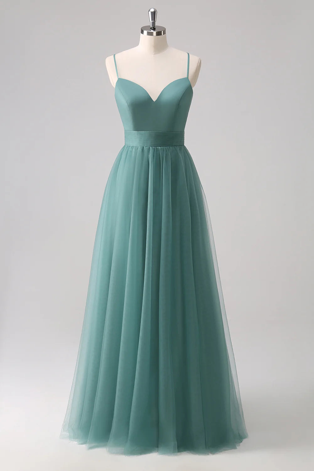 A Line Spaghetti Straps Ruched Floor Length Eucalyptus Bridesmaid Dress