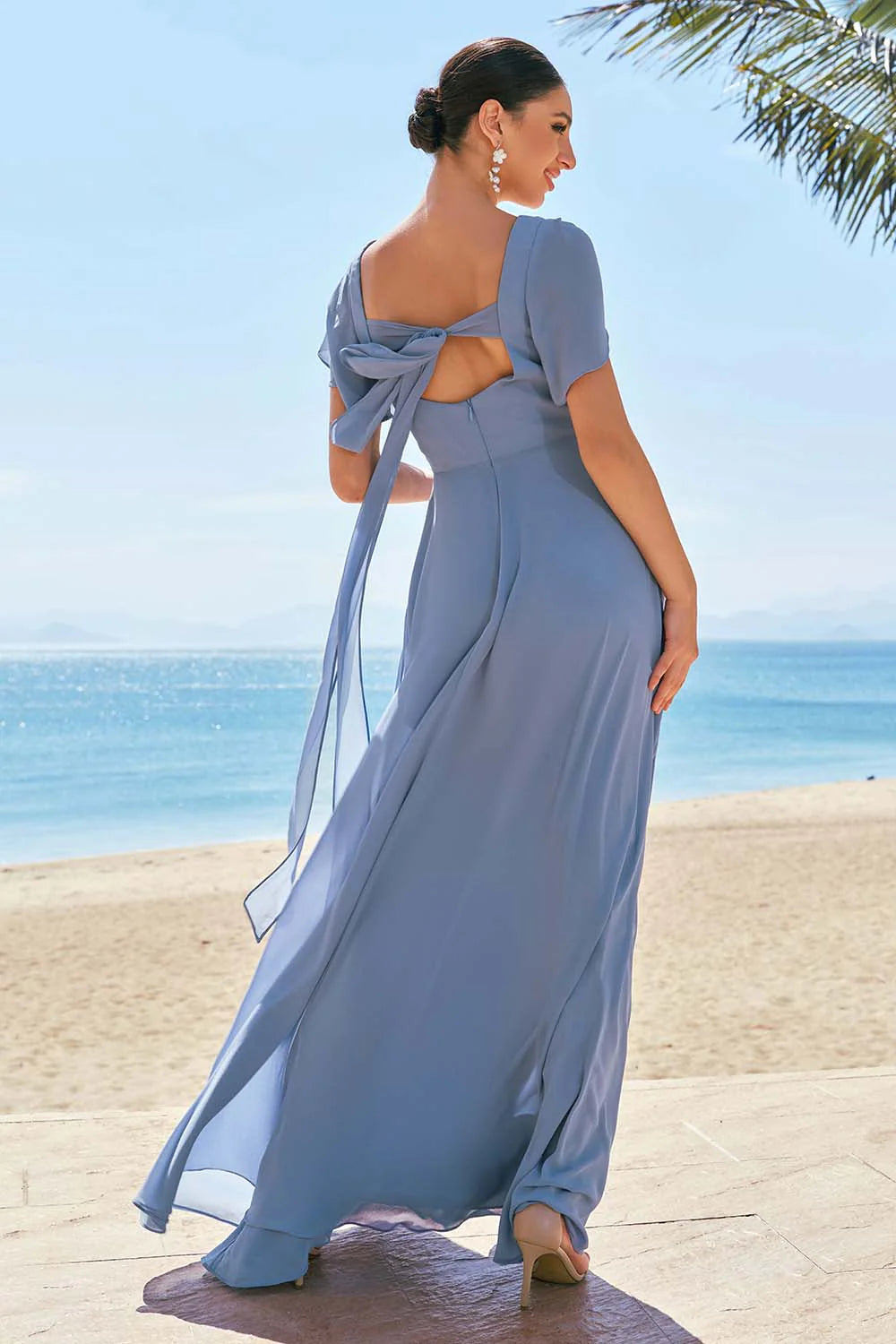 Grey Blue A-Line Chiffon Lace Up Back Bridesmaid Dress with Slit