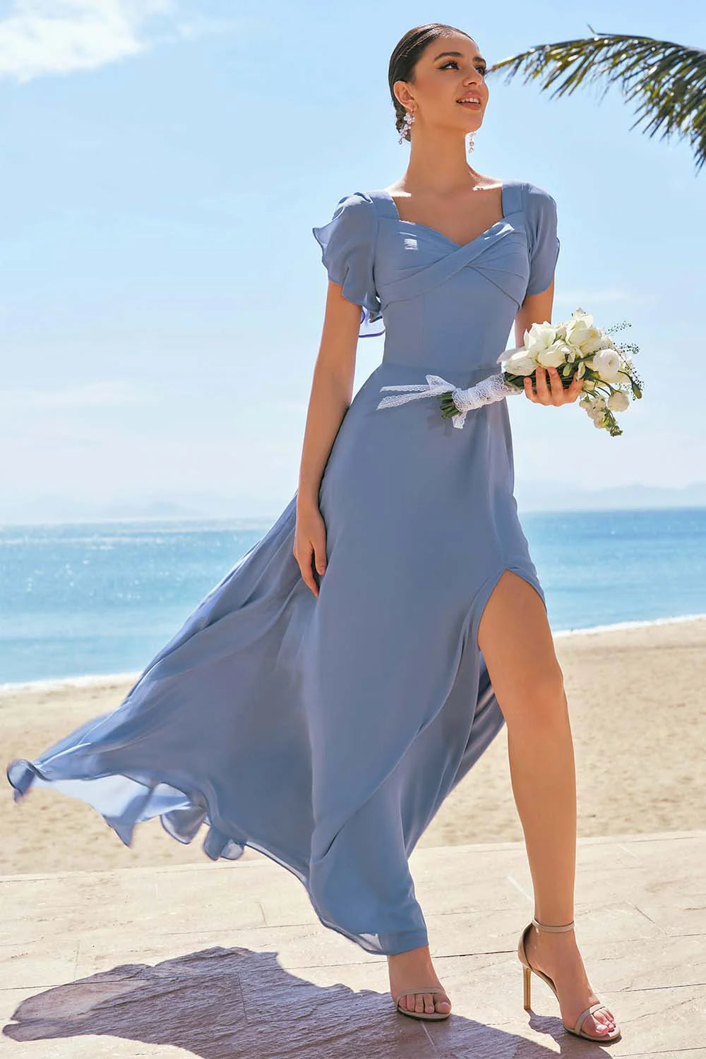 Grey Blue A-Line Chiffon Lace Up Back Bridesmaid Dress with Slit