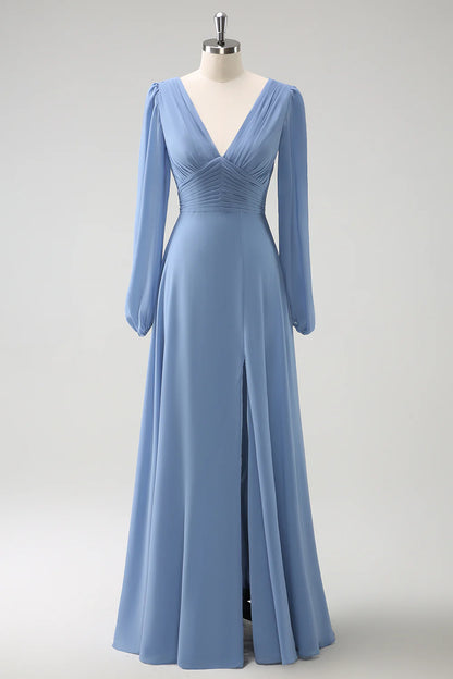 Grey Blue A Line V Neck Pleated Long Sleeves Chiffon Long Bridesmaid Dress with Slit