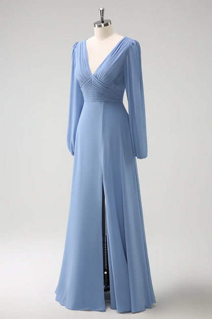 Grey Blue A Line V Neck Pleated Long Sleeves Chiffon Long Bridesmaid Dress with Slit