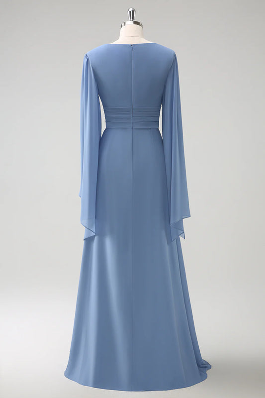 Grey Blue A Line V Neck Pleated Long Sleeves Chiffon Long Bridesmaid Dress with Slit