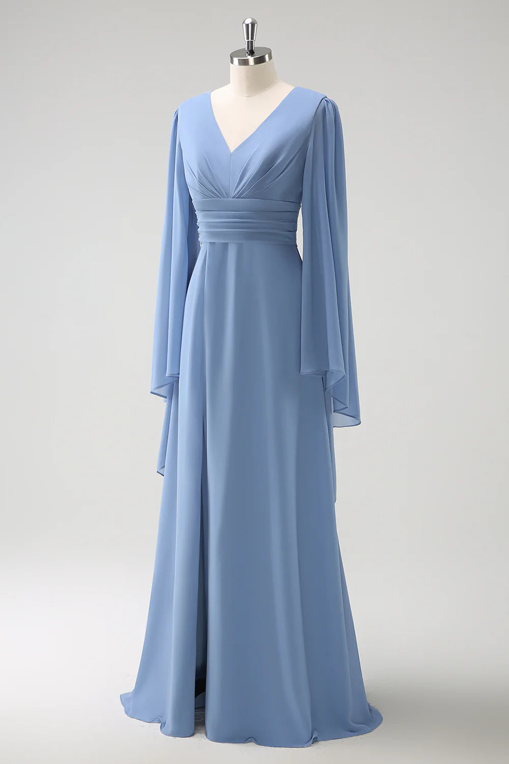 Grey Blue A Line V Neck Pleated Long Sleeves Chiffon Long Bridesmaid Dress with Slit
