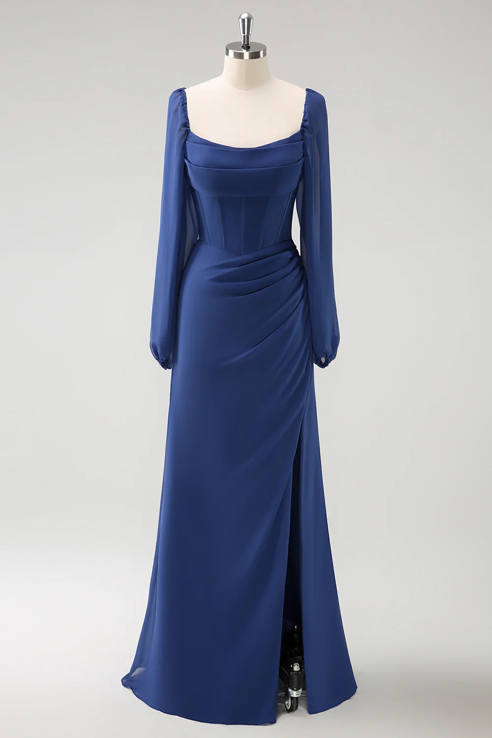 Dark Blue Mermaid Square Neck Pleated Long Sleeves Corset Chiffon Bridesmaid Dress with Slit