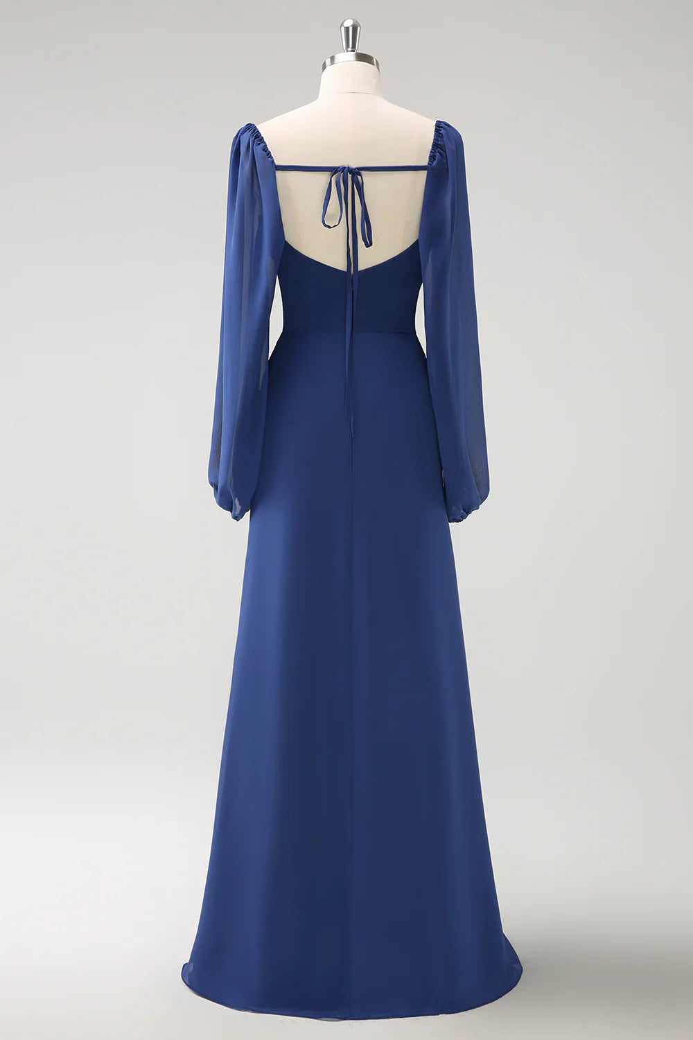 Dark Blue Mermaid Square Neck Pleated Long Sleeves Corset Chiffon Bridesmaid Dress with Slit