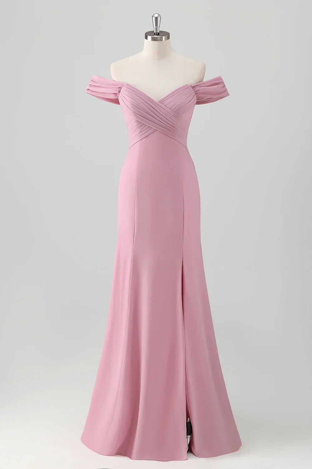 Pink Sheath Off The Shoulder Ruched Floor Length Bridesmaid Dress with Slit