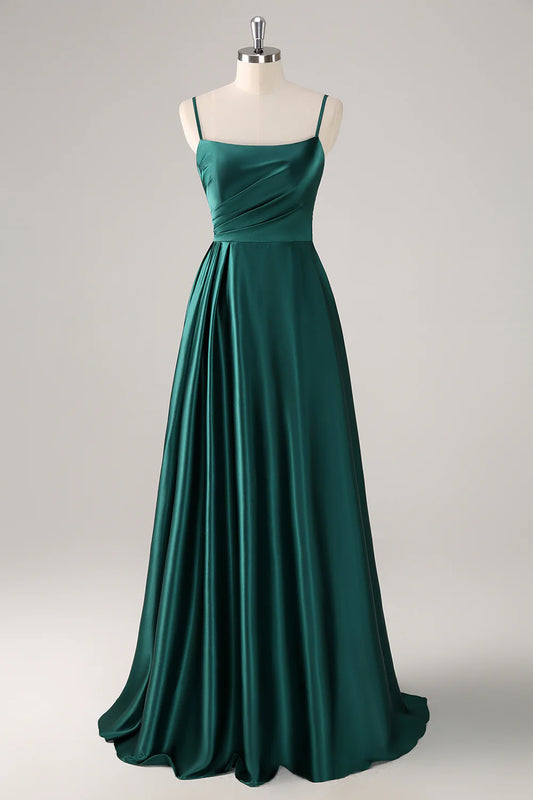 Deep green A-line lace satin bridesmaid dress