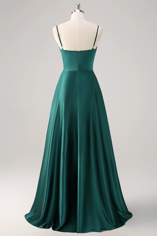 Deep green A-line lace satin bridesmaid dress