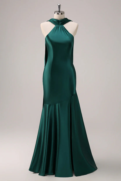 Mermaid Halter Floor Length Satin Dark Green Long Bridesmaid Dress