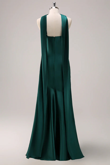 Mermaid Halter Floor Length Satin Dark Green Long Bridesmaid Dress