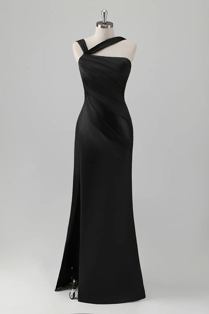 Sky Blue Mermaid Pleated Satin Long Bridesmaid Dress with Slit