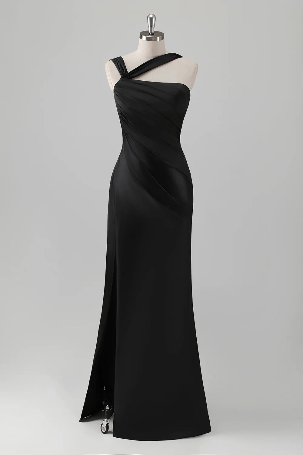 Black Mermaid Pleated Satin Floor Length Bridesmaid Dress with Slit