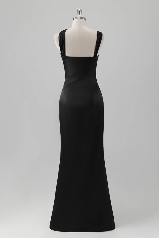 Black Mermaid Pleated Satin Floor Length Bridesmaid Dress with Slit