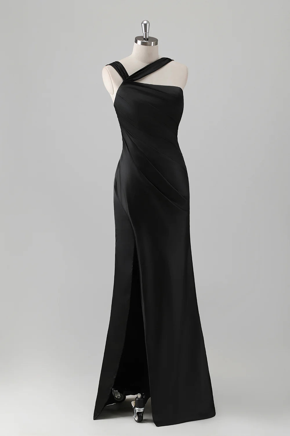 Sky Blue Mermaid Pleated Satin Long Bridesmaid Dress with Slit