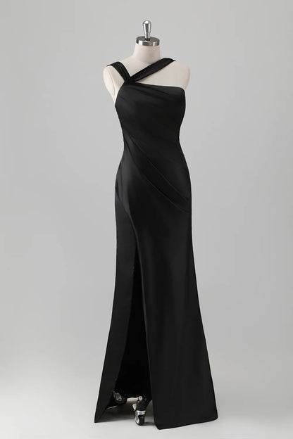 Sky Blue Mermaid Pleated Satin Long Bridesmaid Dress with Slit