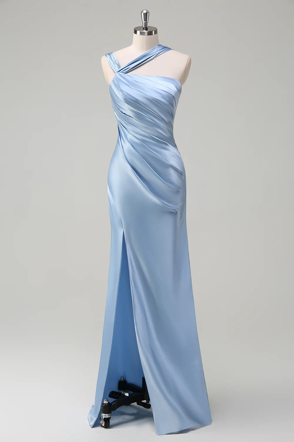 Sky Blue Mermaid Pleated Satin Long Bridesmaid Dress with Slit