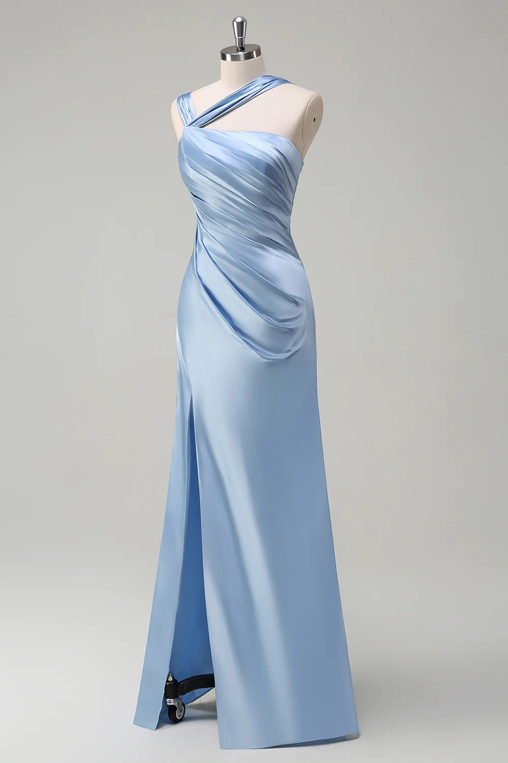 Sky Blue Mermaid Pleated Satin Long Bridesmaid Dress with Slit