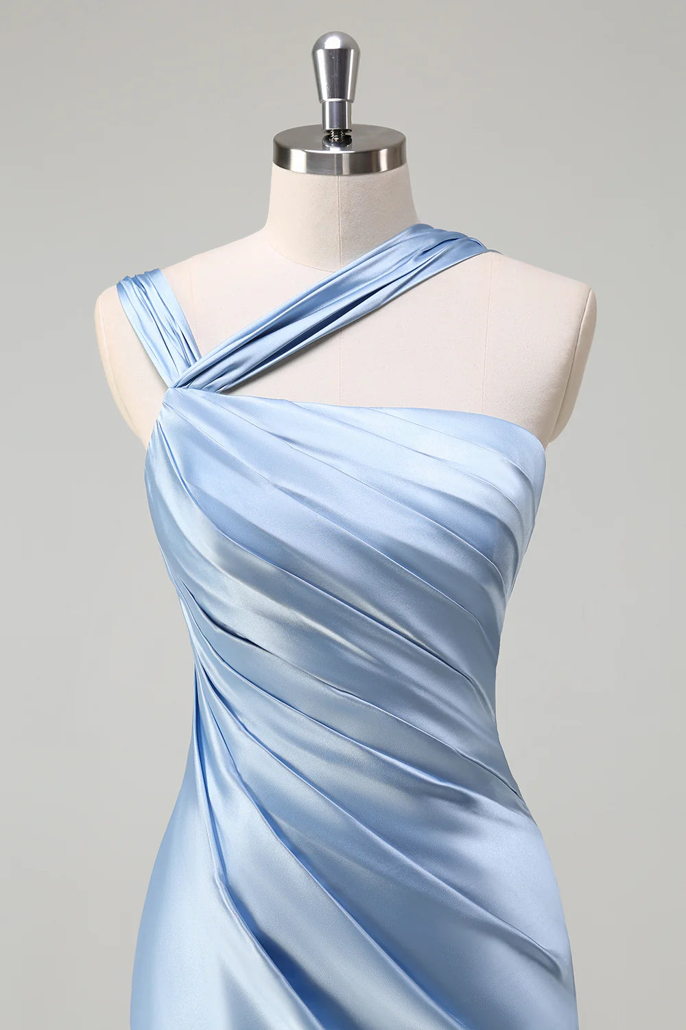 Sky Blue Mermaid Pleated Satin Long Bridesmaid Dress with Slit