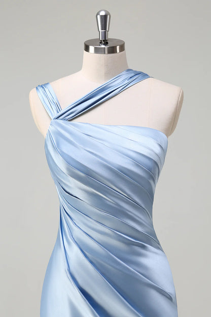 Sky Blue Mermaid Pleated Satin Long Bridesmaid Dress with Slit