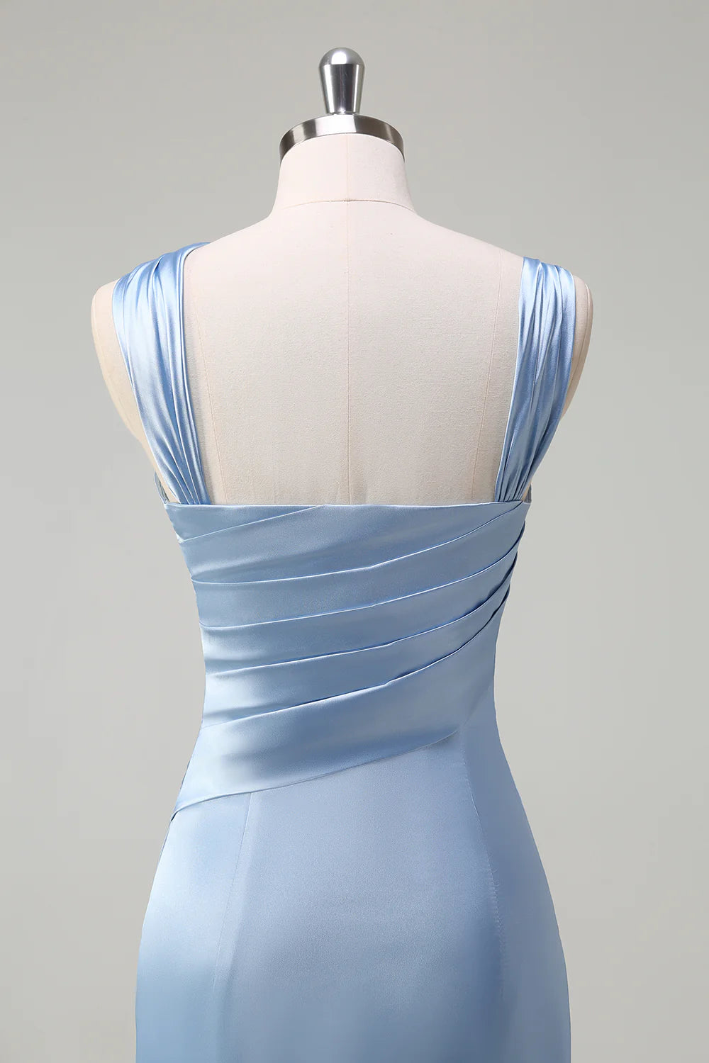 Sky Blue Mermaid Pleated Satin Long Bridesmaid Dress with Slit
