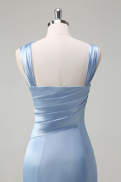 Sky Blue Mermaid Pleated Satin Long Bridesmaid Dress with Slit