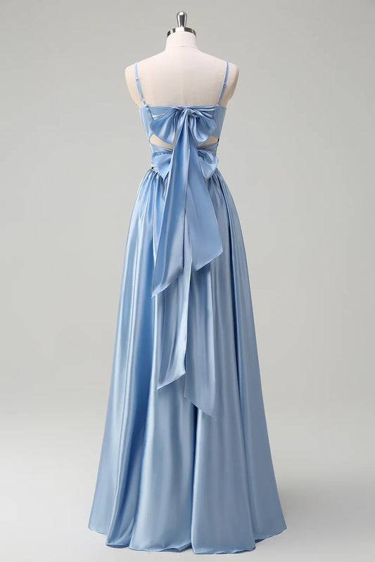 Sky Blue A Line Spaghetti Straps Ruched Long Bridesmaid Dress with Slit