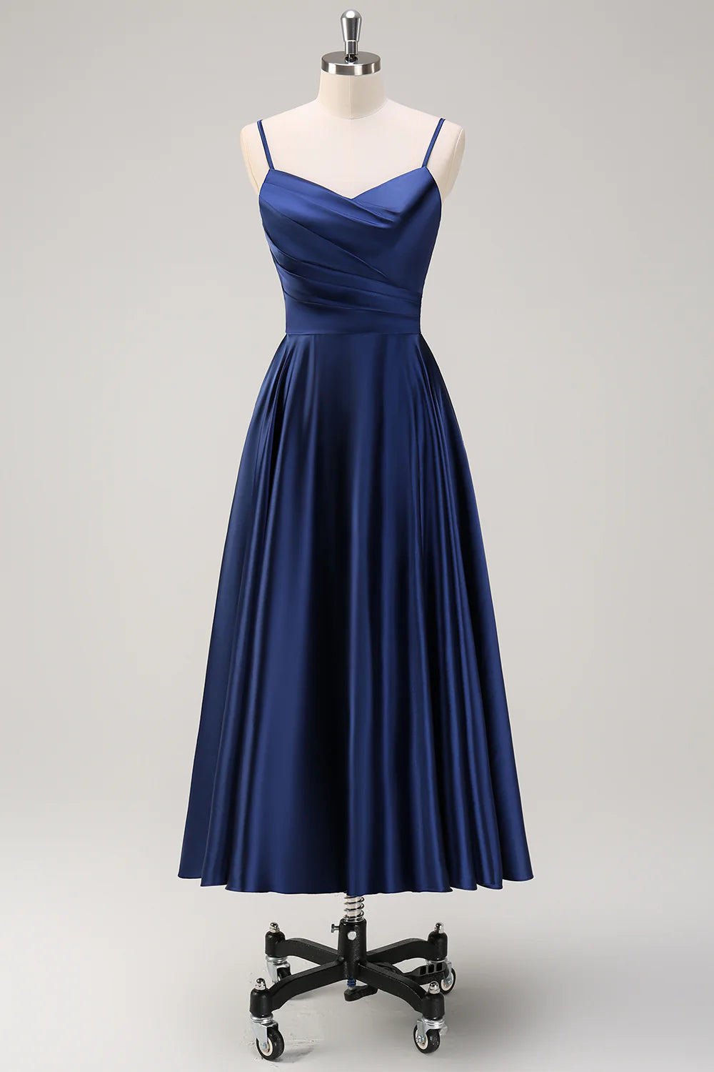 Dark Navy A Line Spaghetti Straps Pleated Tea-Length Bridesmaid Dress