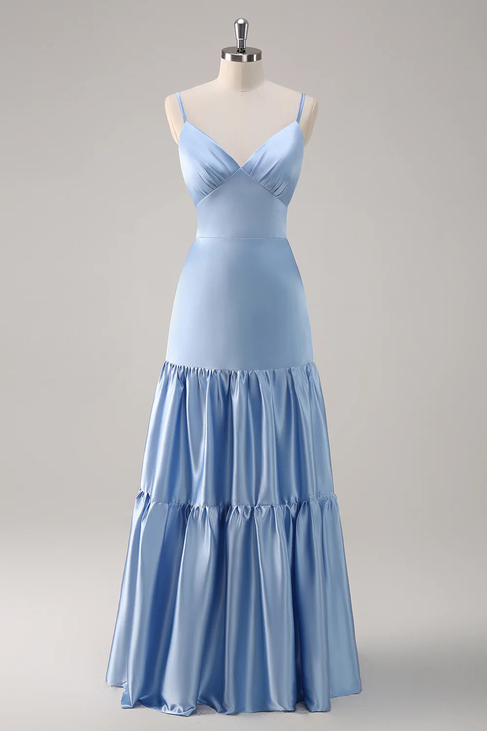 Sky Blue A Line V Neck Spaghetti Straps Ruffle Satin Bridesmaid Dress