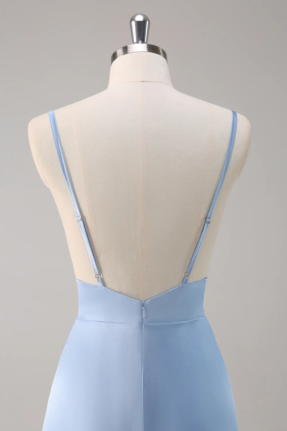 Sky Blue A Line V Neck Spaghetti Straps Ruffle Satin Bridesmaid Dress