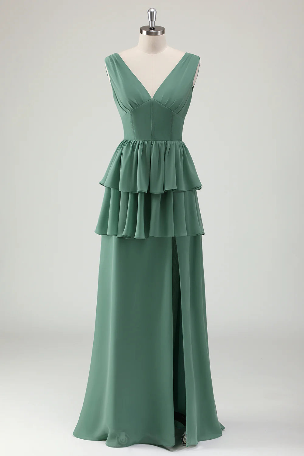A-line V-neck layered long pleated bridesmaid dress
