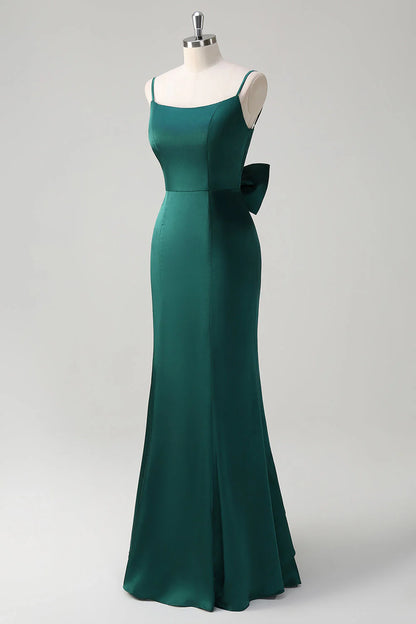 Dark Green Mermaid Spaghetti Straps Satin Long Bridesmaid Dress with Bow