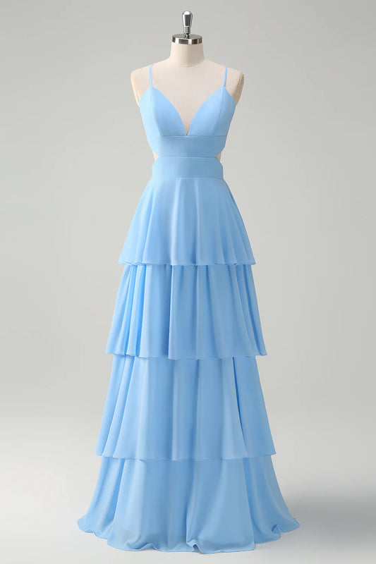 Sky Blue A Line V Neck Tiered Long Bridesmaid Dress with Lace Up Back