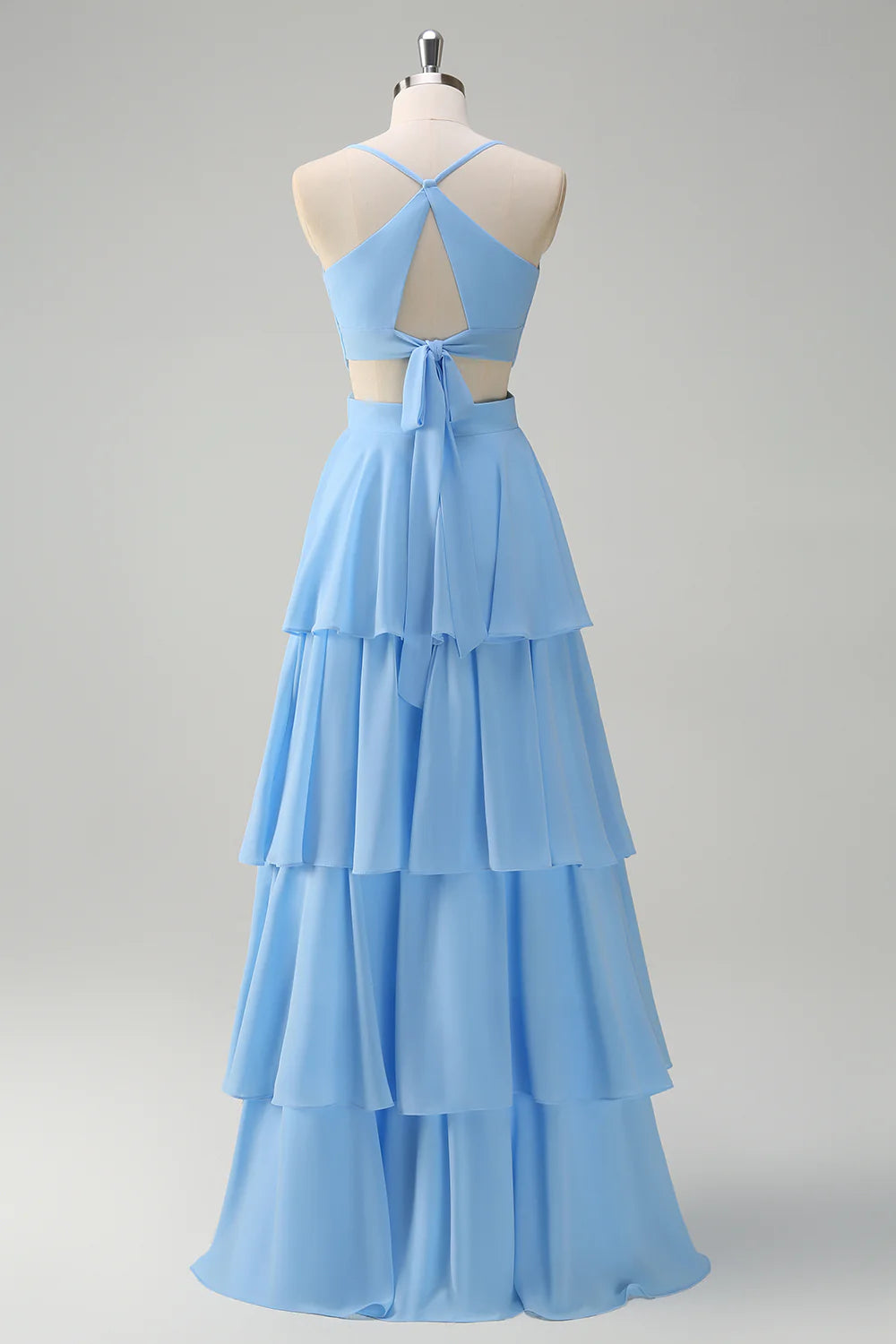 Sky Blue A Line V Neck Tiered Long Bridesmaid Dress with Lace Up Back