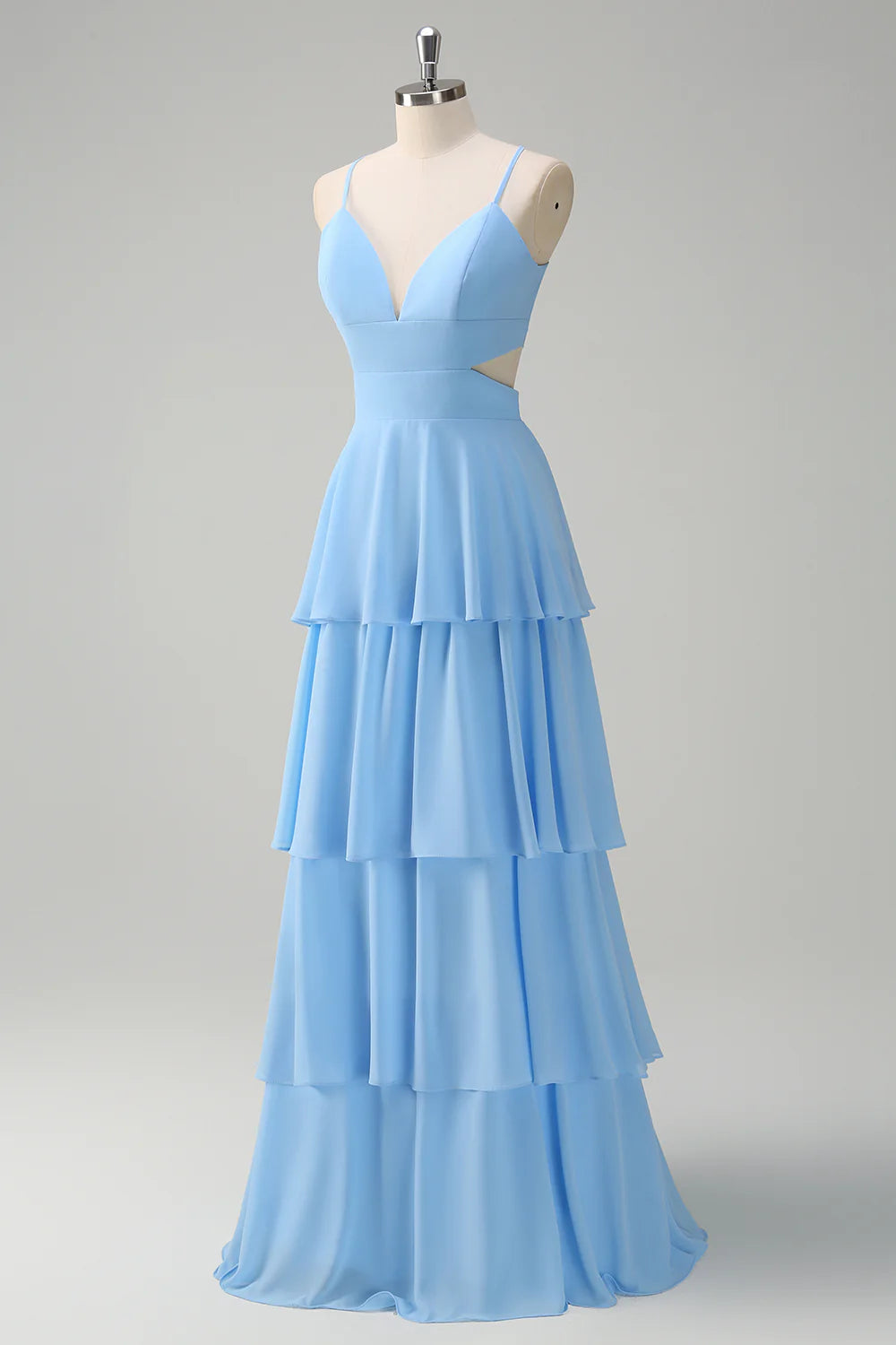 Sky Blue A Line V Neck Tiered Long Bridesmaid Dress with Lace Up Back