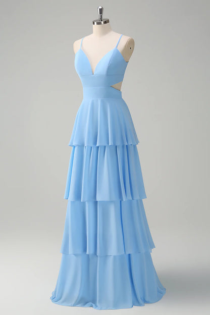 Sky Blue A Line V Neck Tiered Long Bridesmaid Dress with Lace Up Back