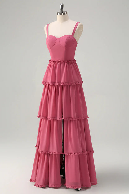 Rusty Rose A Line Tiered Lace Up Back Long Bridesmaid Dress with Slit