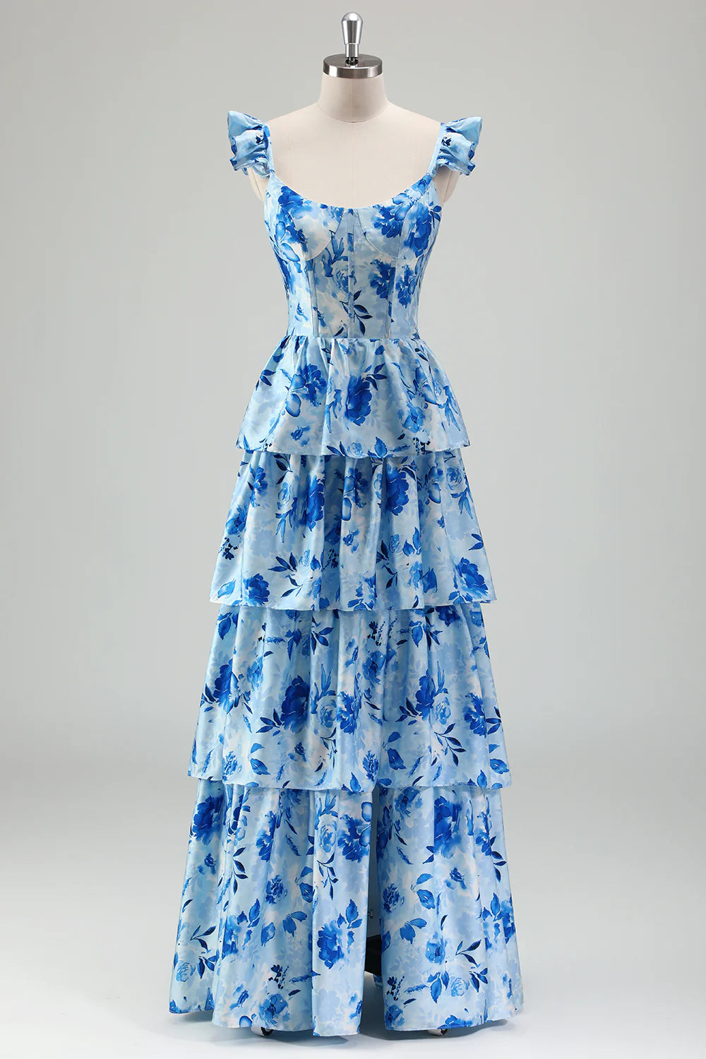 Blue Flower A-Line Corset Tiered Print Long Bridesmaid Dress with Ruffles