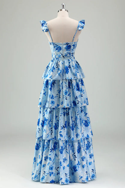Blue Flower A-Line Corset Tiered Print Long Bridesmaid Dress with Ruffles