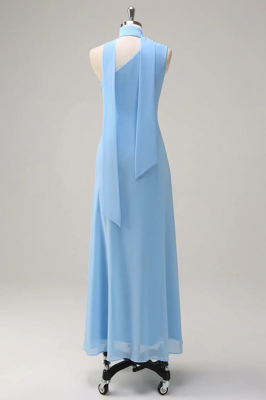 Blue Sheath Chiffon Watteau Train Long Bridesmaid Dress