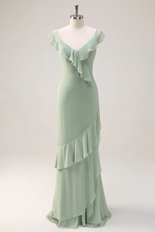 V-neck backless chiffon long bridesmaid dress with ruffles