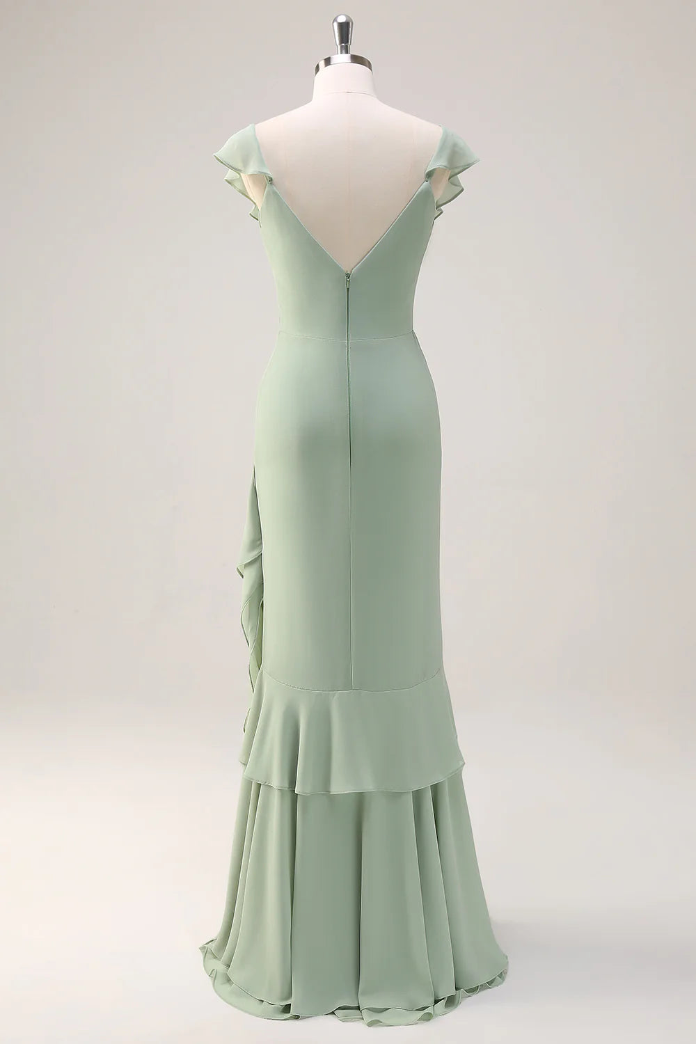 V-neck backless chiffon long bridesmaid dress with ruffles