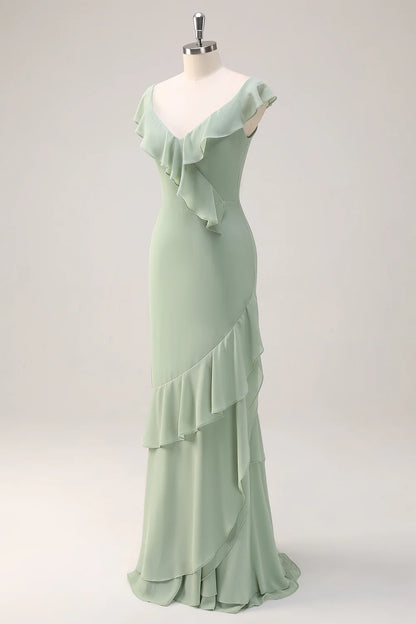 V-neck backless chiffon long bridesmaid dress with ruffles