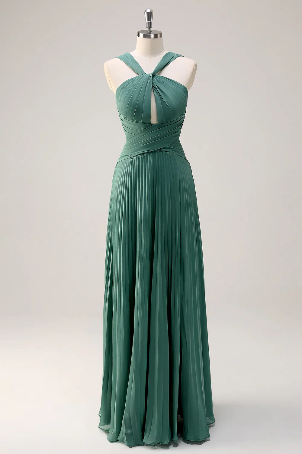 Eucalyptus A-Line Hollow Out Pleated Floor Length Bridesmaid Dress with Slit