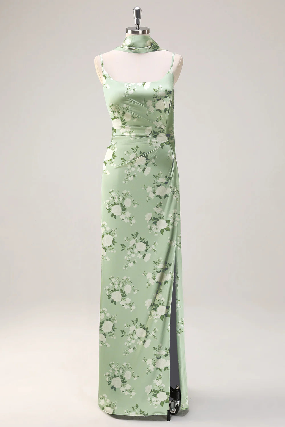 Sage White Flower Sheath Streamer Long Satin Bridesmaid Dress with Slit