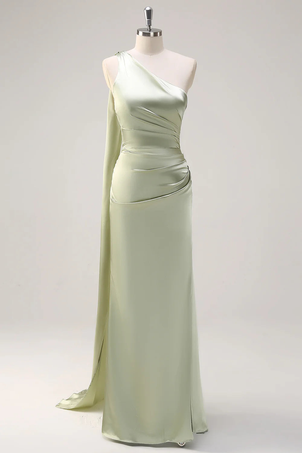 Sage Sheath One Shoulder Ruched Streamer Satin Bridesmaid Dress with Slit