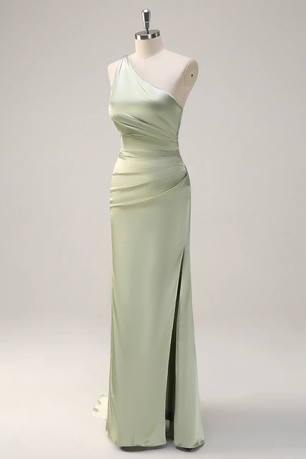 Sage Sheath One Shoulder Ruched Streamer Satin Bridesmaid Dress with Slit