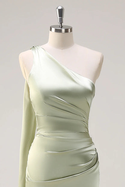 Sage Sheath One Shoulder Ruched Streamer Satin Bridesmaid Dress with Slit